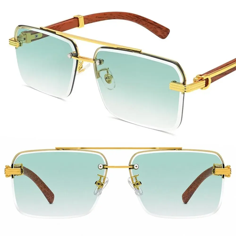 Designer Mens Gold & Faux Wood Brown Green Gradient Rectangle Sunglasses Fashion